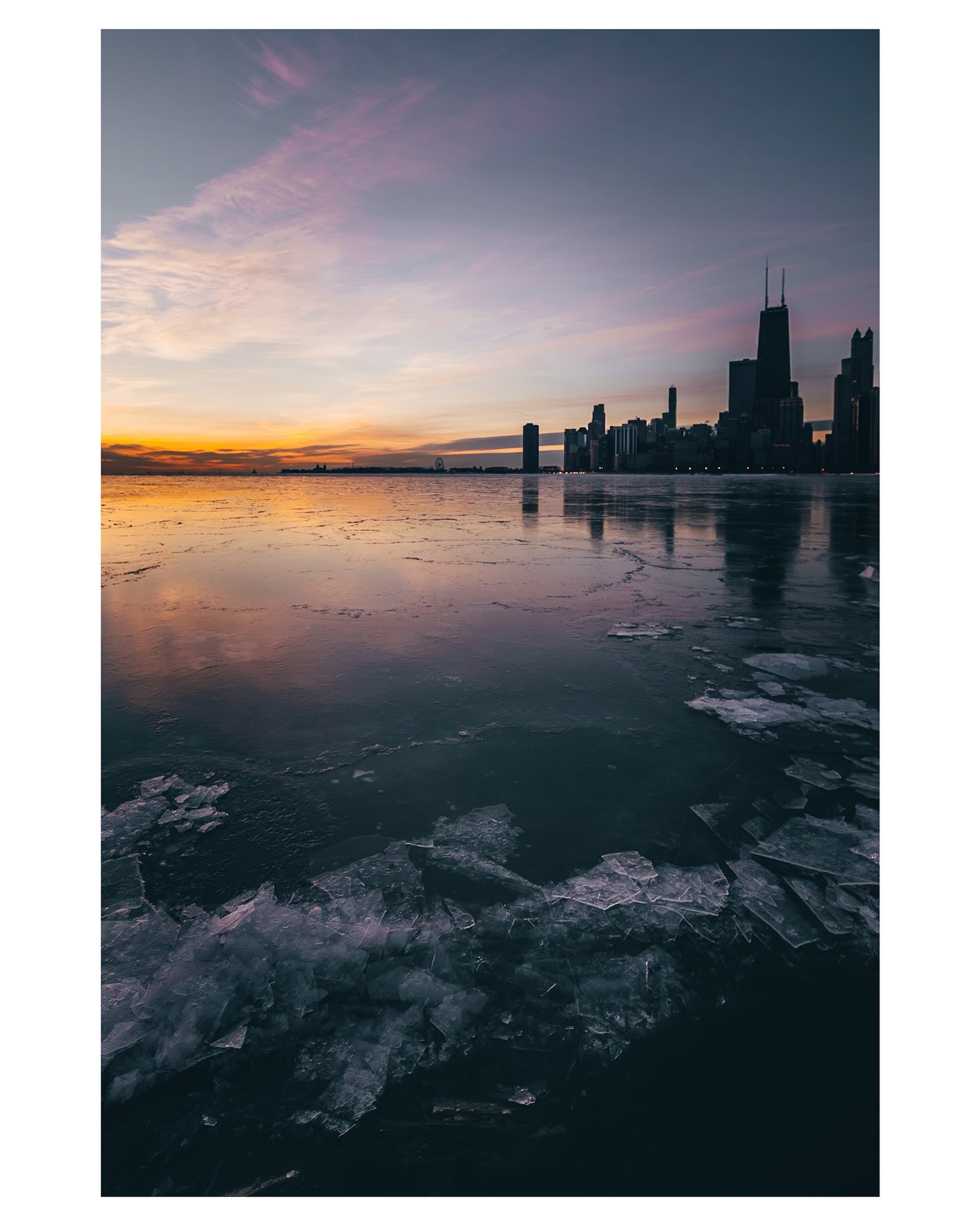 Frozen reflections, Chicago lakefront, photograph by Eric Petersen