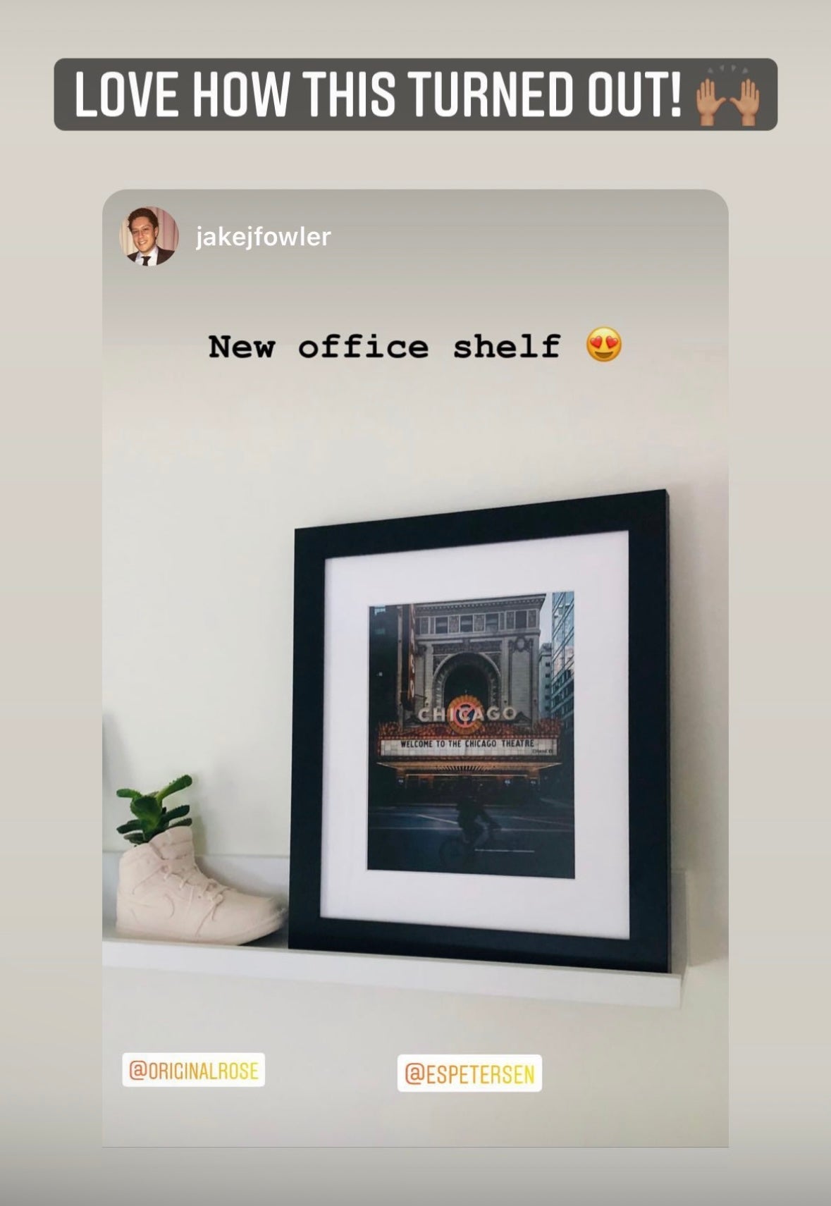 Framed Chicago Theatre photograph on a home office shelf