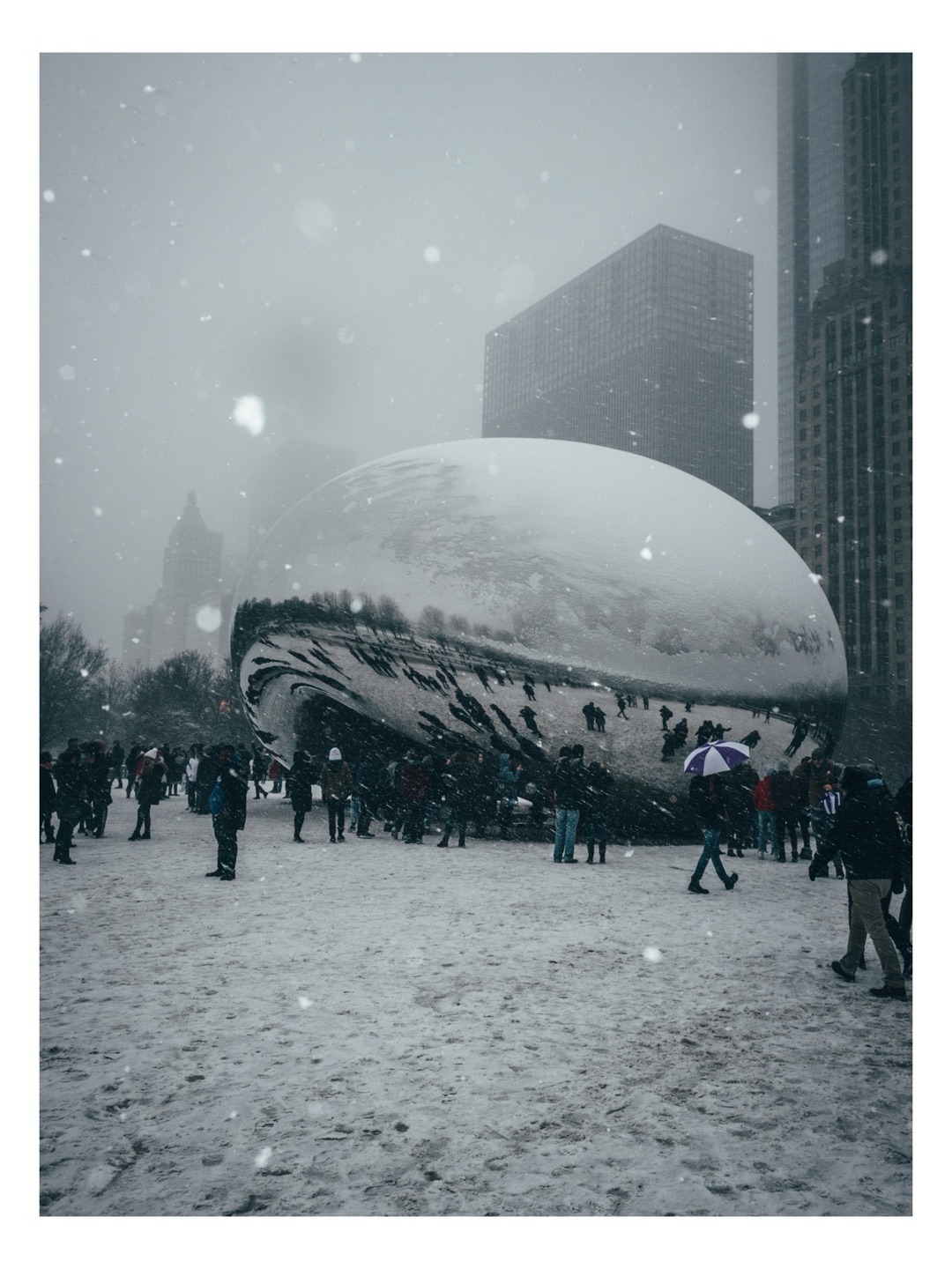 Cloud Gate in snow, Millennium Park, photograph by Eric Petersen